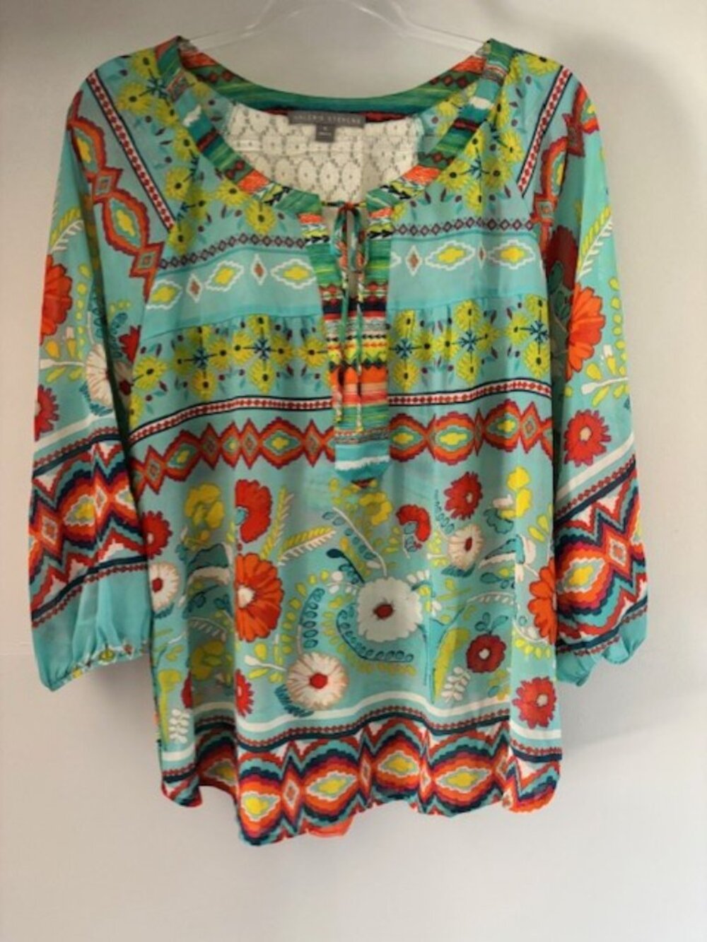 Valerie Stevens Womens XL Boho Peasant Blouse Multicolor Floral Tribal Split Tie